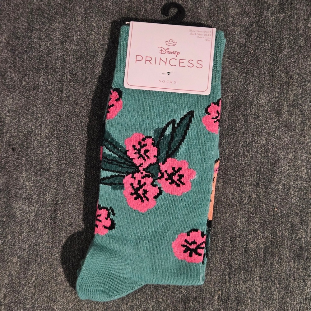 Disney Princess Mulan Teal Floral Crew Socks Womens Shoe Size 6.5-12 NEW